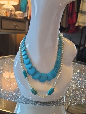 COSTUME JEWELRY, FAUX TURQUOISE& PEARL Bead Layered Necklaces (2)
